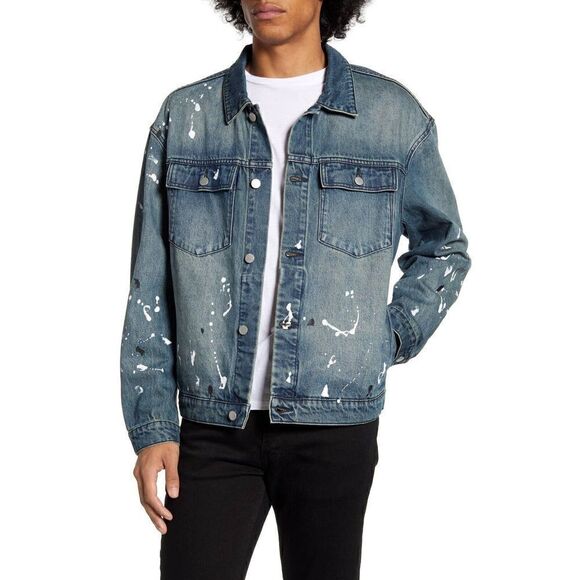 Men WeSC Classic Casual Jacket White Paint Splatter Blue Denim MSRP $220 - Picture 3 of 15